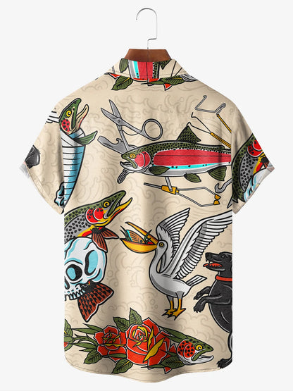 Old School Tattoo Art Fish Skull Pelican Camp Shirt