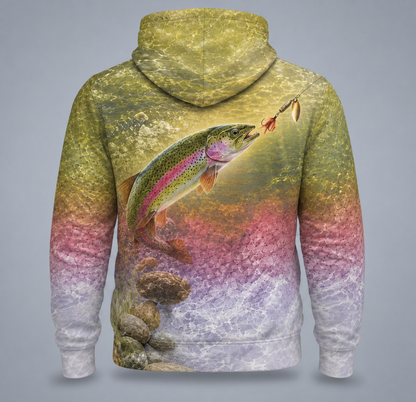 Rainbow Trout 3D Fishing Hoodie – Pink Angler Gift for Men