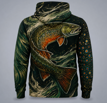 Brook Trout Art 3D Fishing Hoodie – Green Angler Gift