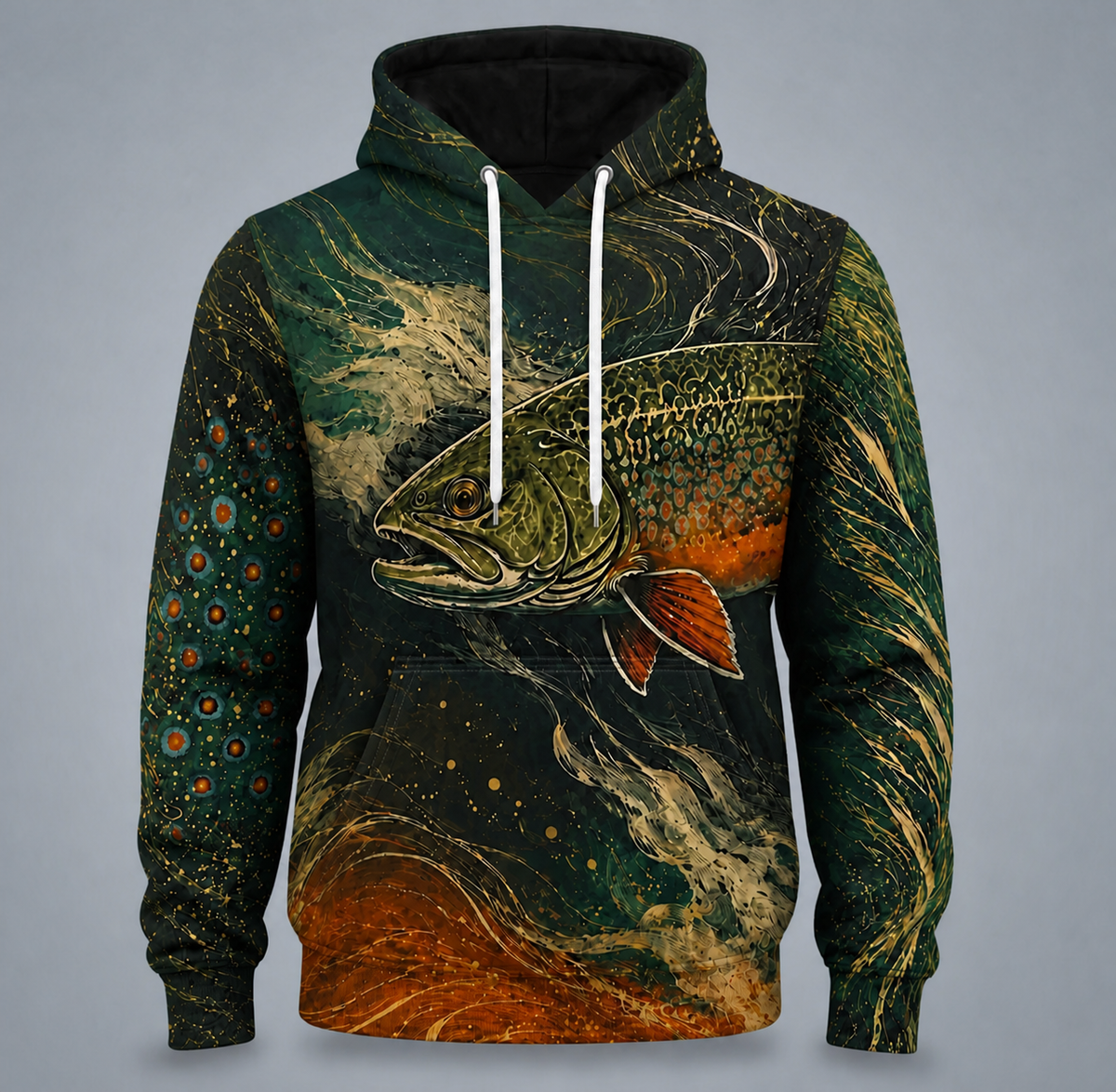 Brook Trout Art 3D Fishing Hoodie – Green Angler Gift