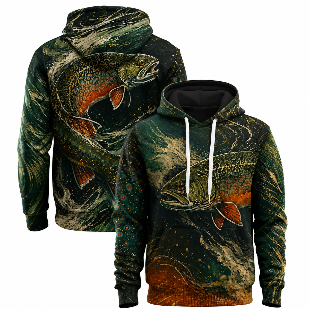 Brook Trout Art 3D Fishing Hoodie – Green Angler Gift