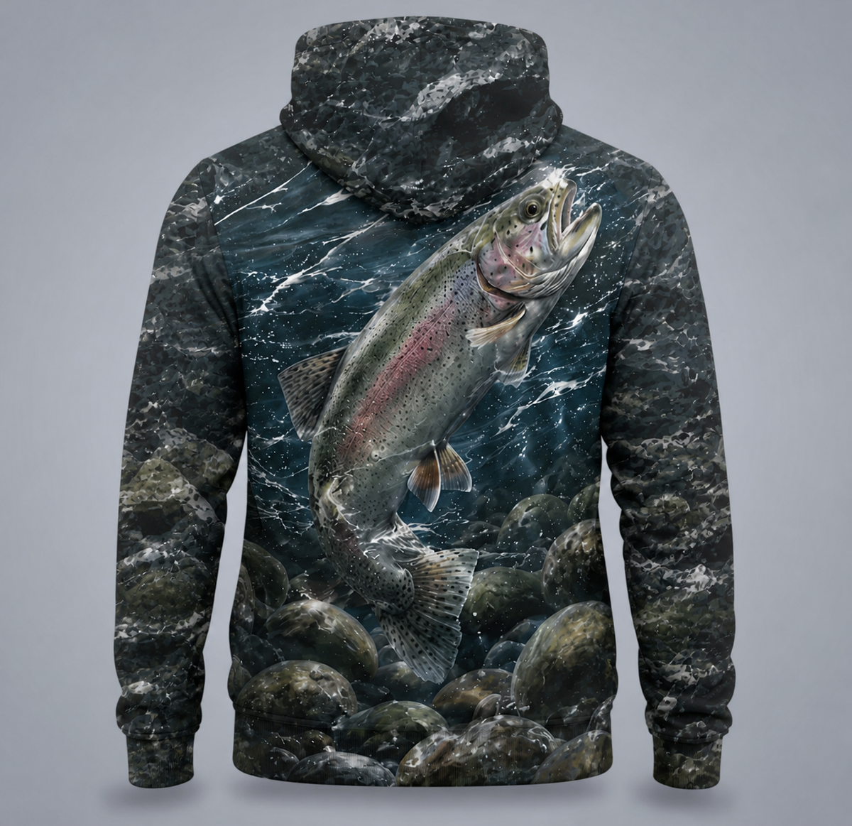 Rainbow Trout 3D Fishing Hoodie – Dark Camo Angler Gift