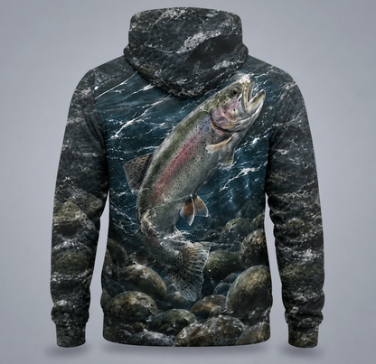 Rainbow Trout 3D Fishing Hoodie – Dark Camo Angler Gift