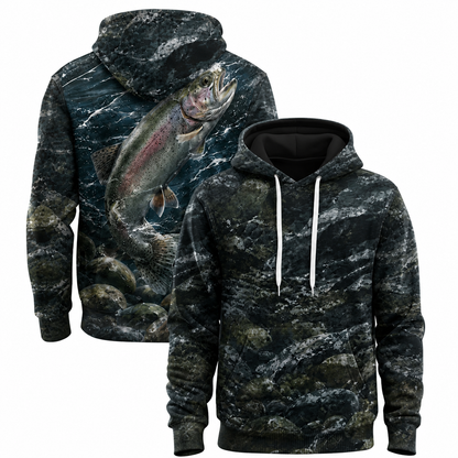 Rainbow Trout 3D Fishing Hoodie – Dark Camo Angler Gift