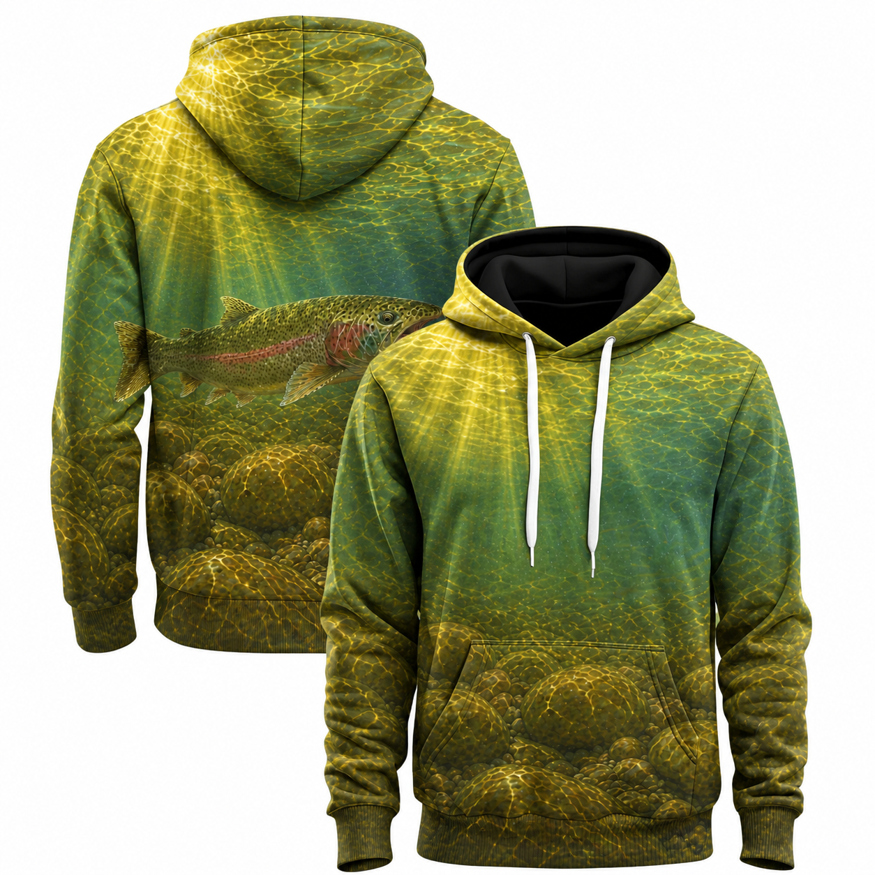 Rainbow Trout Underwater 3D Fishing Hoodie – Green Camo
