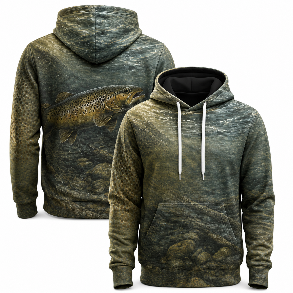 Brown Trout 3D Fishing Hoodie – River Camo Angler Gift