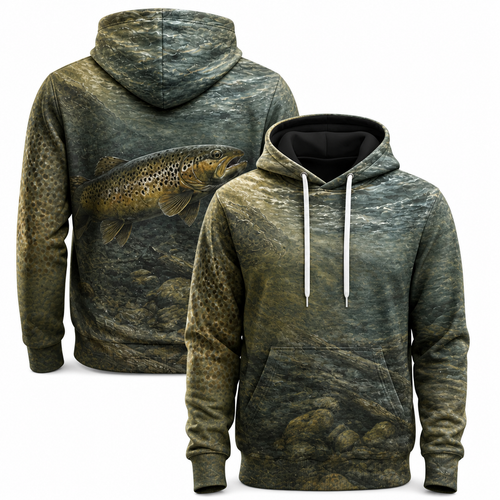 Brown Trout 3D Fishing Hoodie – River Camo Angler Gift