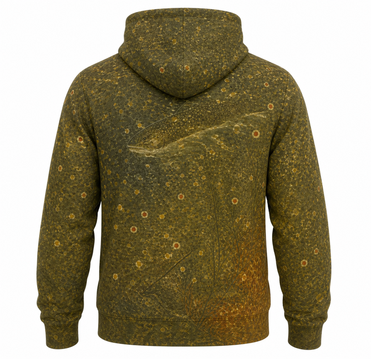 Brown Trout 3D Fishing Hoodie – Olive Camo Angler Gift