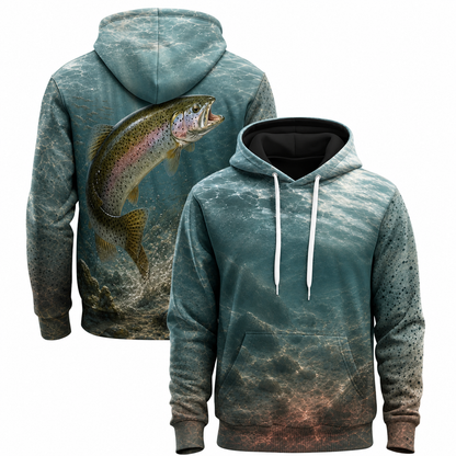 Rainbow Trout 3D Fishing Hoodie – Teal Rocky Angler Gift