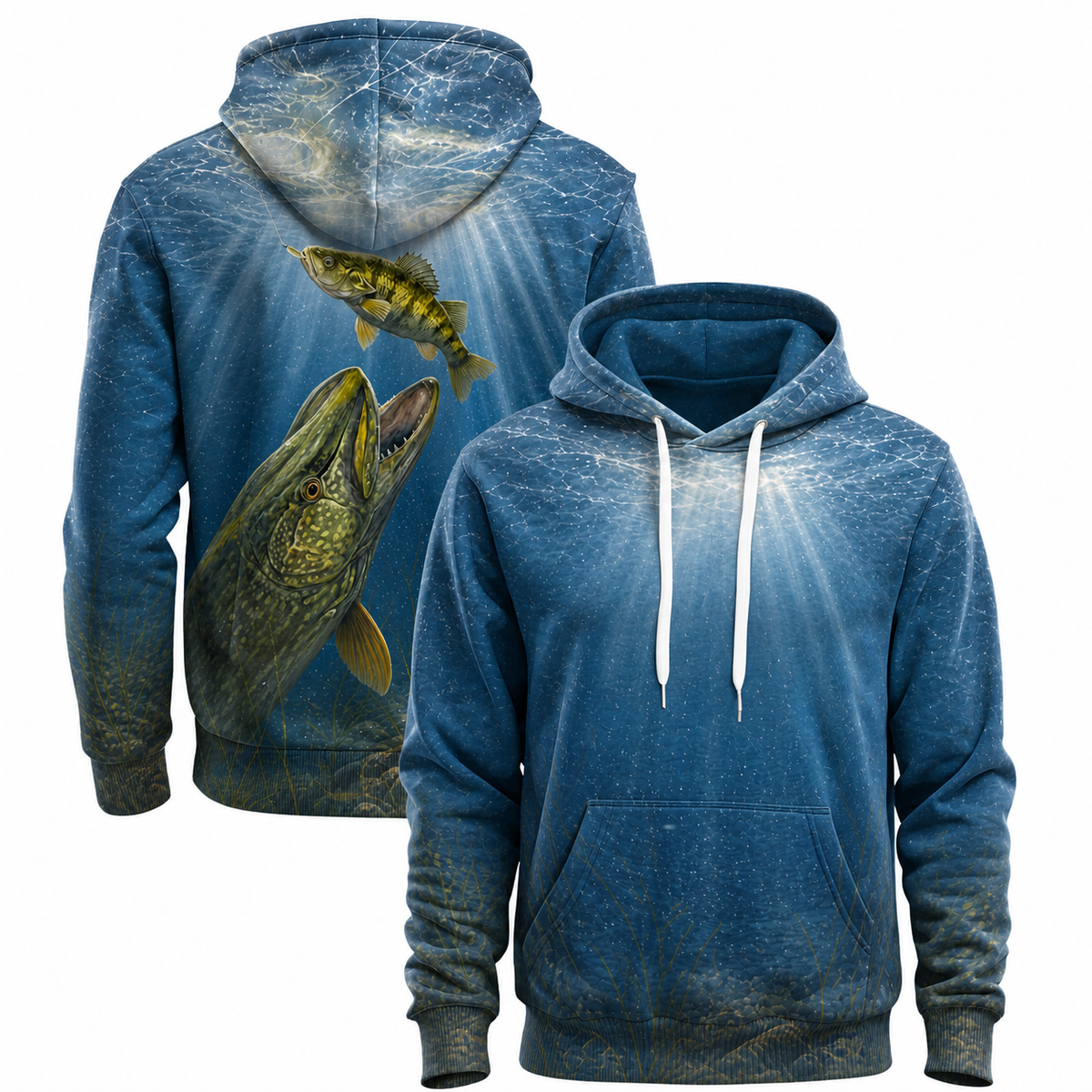 Northern Pike & Perch 3D Fishing Hoodie – Blue Water Gift