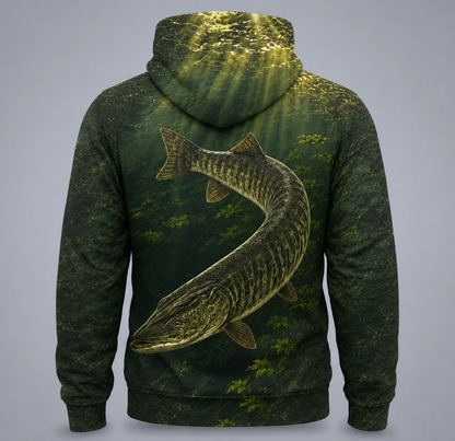 Muskie 3D Fishing Hoodie – Green Water Angler Gift for Men