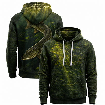 Muskie 3D Fishing Hoodie – Green Water Angler Gift for Men