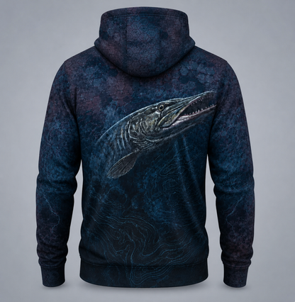 Muskie 3D Fishing Hoodie – Blue Hex Dark Water Angler Gift