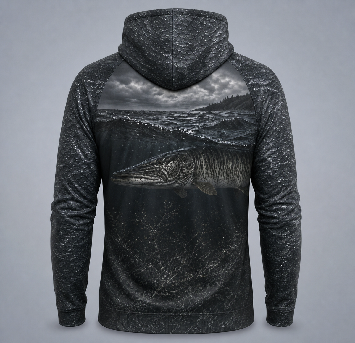 Muskie 3D Fishing Hoodie – Grayscale Storm Angler Gift