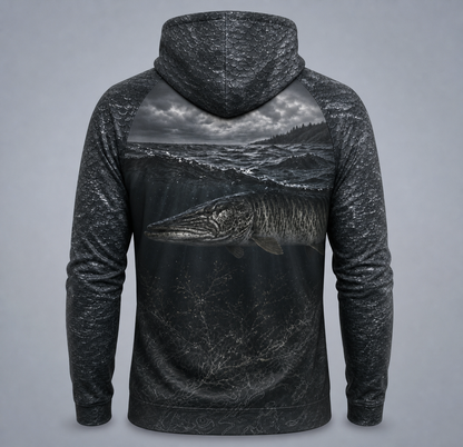 Muskie 3D Fishing Hoodie – Grayscale Storm Angler Gift