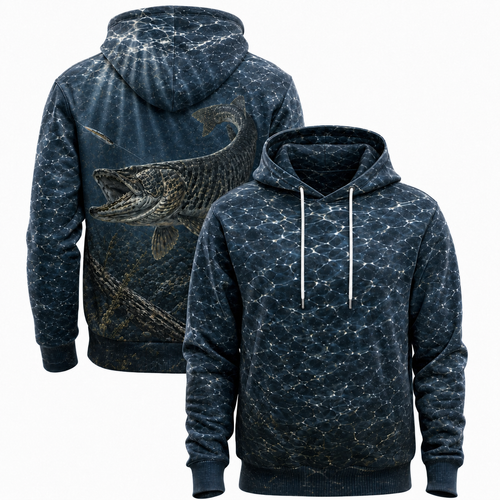 Muskie 3D Fishing Hoodie – Navy Water Strike Angler Gift