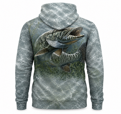 Muskie 3D Fishing Hoodie – Silver Water Angler Gift for Men