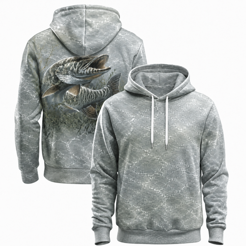 Muskie 3D Fishing Hoodie – Silver Water Angler Gift for Men