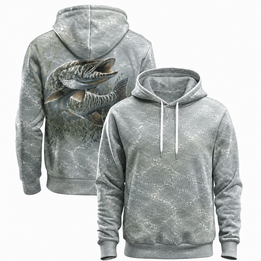 Muskie 3D Fishing Hoodie – Silver Water Angler Gift for Men