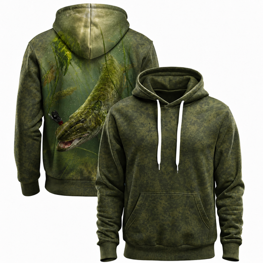 Northern Pike 3D Fishing Hoodie – Green Weeds Lure Gift