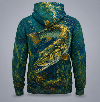 Muskie 3D Fishing Hoodie – Painterly Teal Angler Gift
