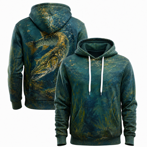 Muskie 3D Fishing Hoodie – Painterly Teal Angler Gift