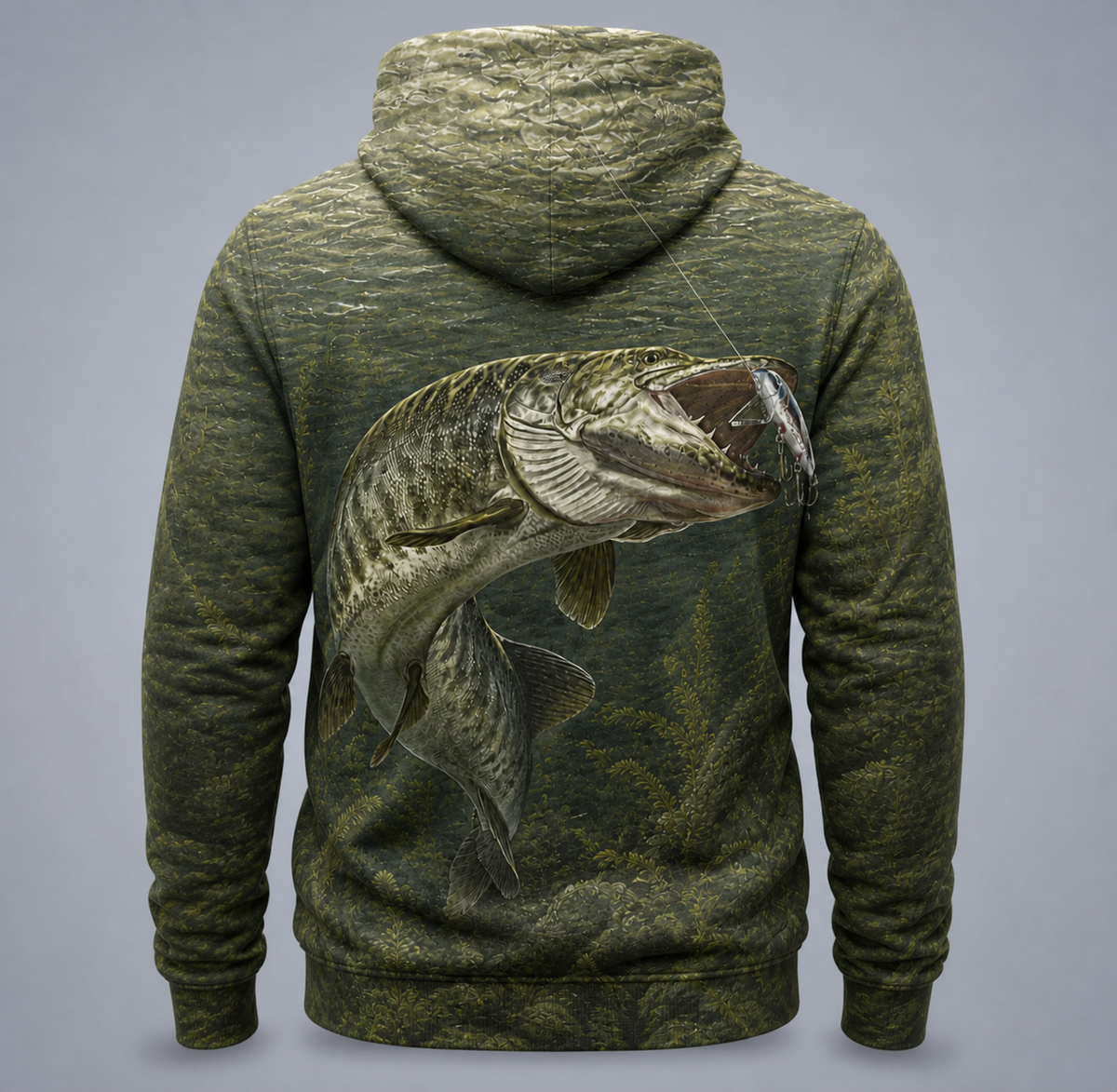 Muskie 3D Fishing Hoodie – Olive Water Strike Lure Gift