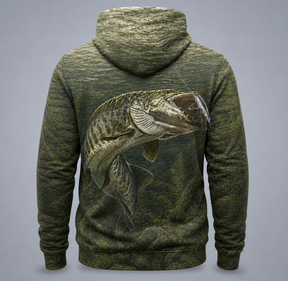 Muskie 3D Fishing Hoodie – Olive Water Strike Lure Gift