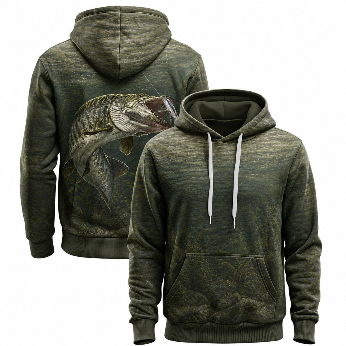 Muskie 3D Fishing Hoodie – Olive Water Strike Lure Gift