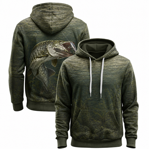 Muskie 3D Fishing Hoodie – Olive Water Strike Lure Gift
