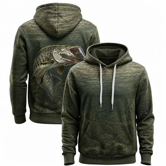 Muskie 3D Fishing Hoodie – Olive Water Strike Lure Gift