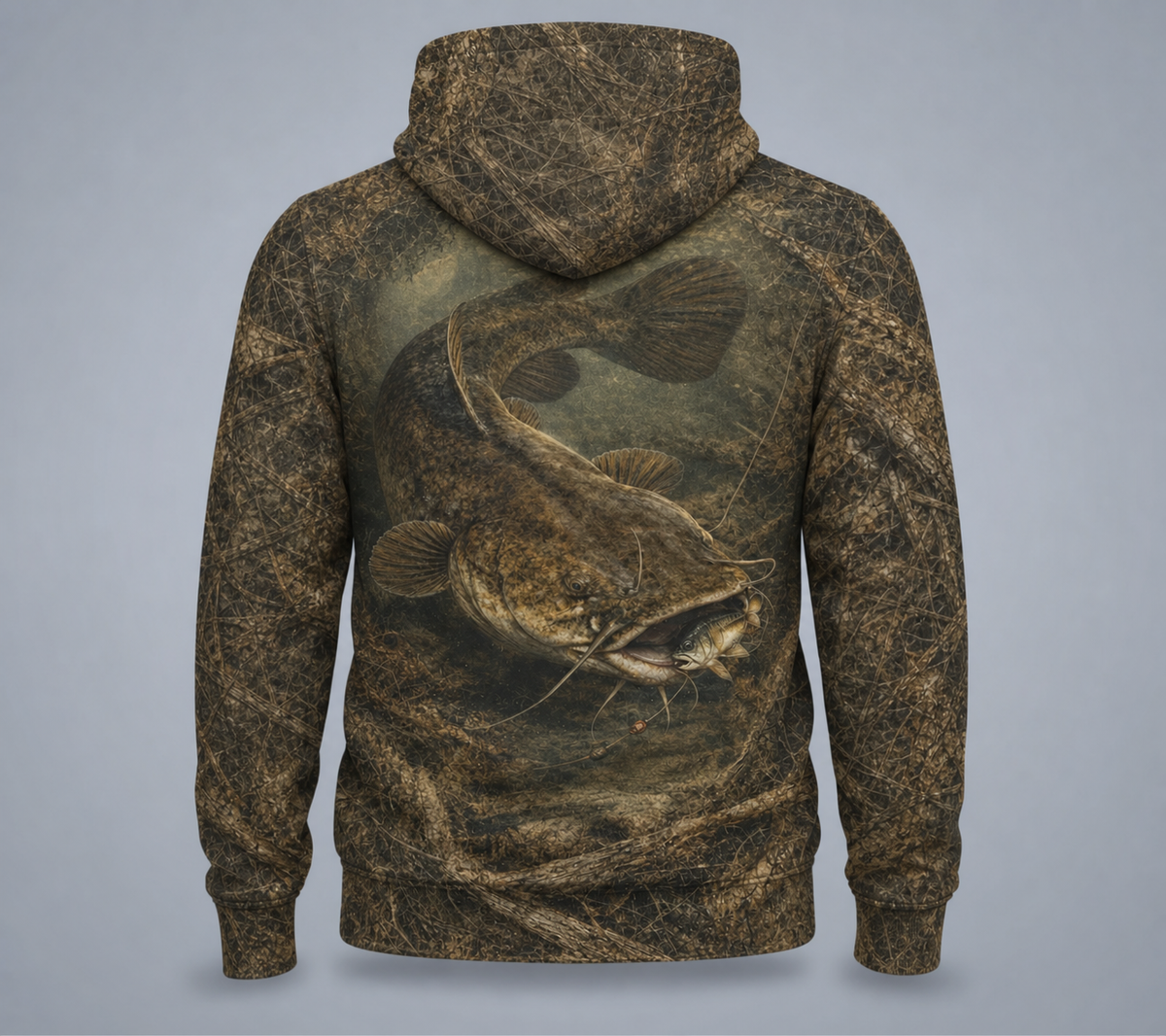 Catfish 3D Fishing Hoodie – Woodland Camo Angler Gift