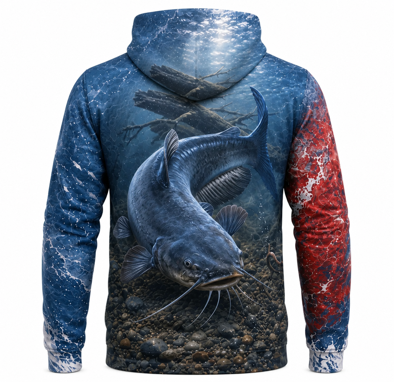 Catfish 3D Fishing Hoodie – Blue Red USA Angler Gift