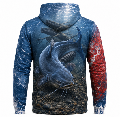 Catfish 3D Fishing Hoodie – Blue Red USA Angler Gift