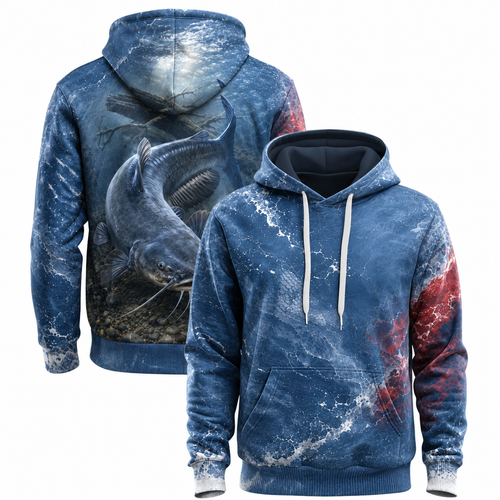 Catfish 3D Fishing Hoodie – Blue Red USA Angler Gift
