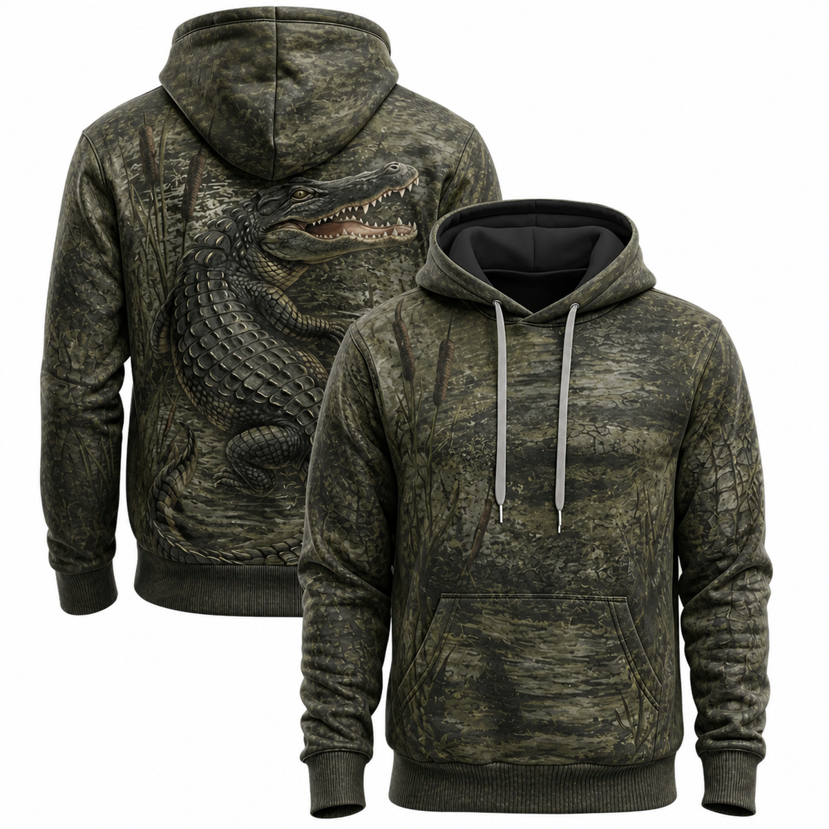 Alligator 3D Hoodie – Olive Swamp Camo Hunting Gift for Men