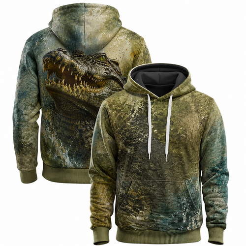 Crocodile 3D Hoodie – Teal Olive Swamp Hunting Gift for Men