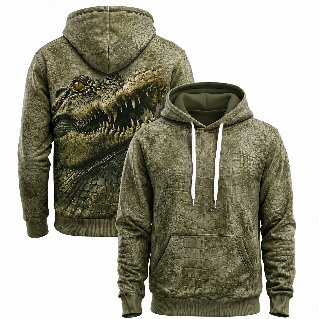 Crocodile 3D Hoodie – Olive Open Mouth Hunting Gift for Men