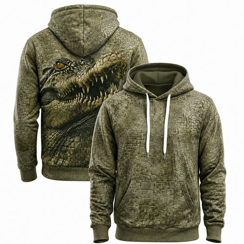 Crocodile 3D Hoodie – Olive Open Mouth Hunting Gift for Men