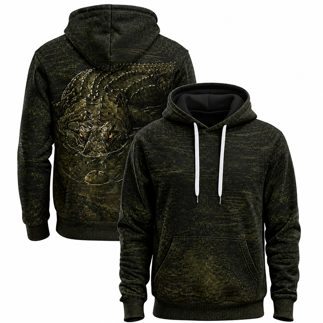 Crocodile 3D Hoodie – Black Olive Swamp Hunting Gift for Men