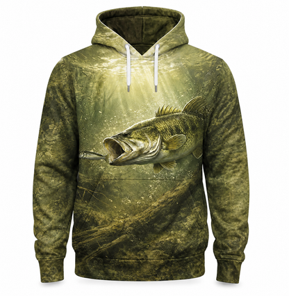Largemouth Bass 3D Fishing Hoodie – Olive Underwater Gift