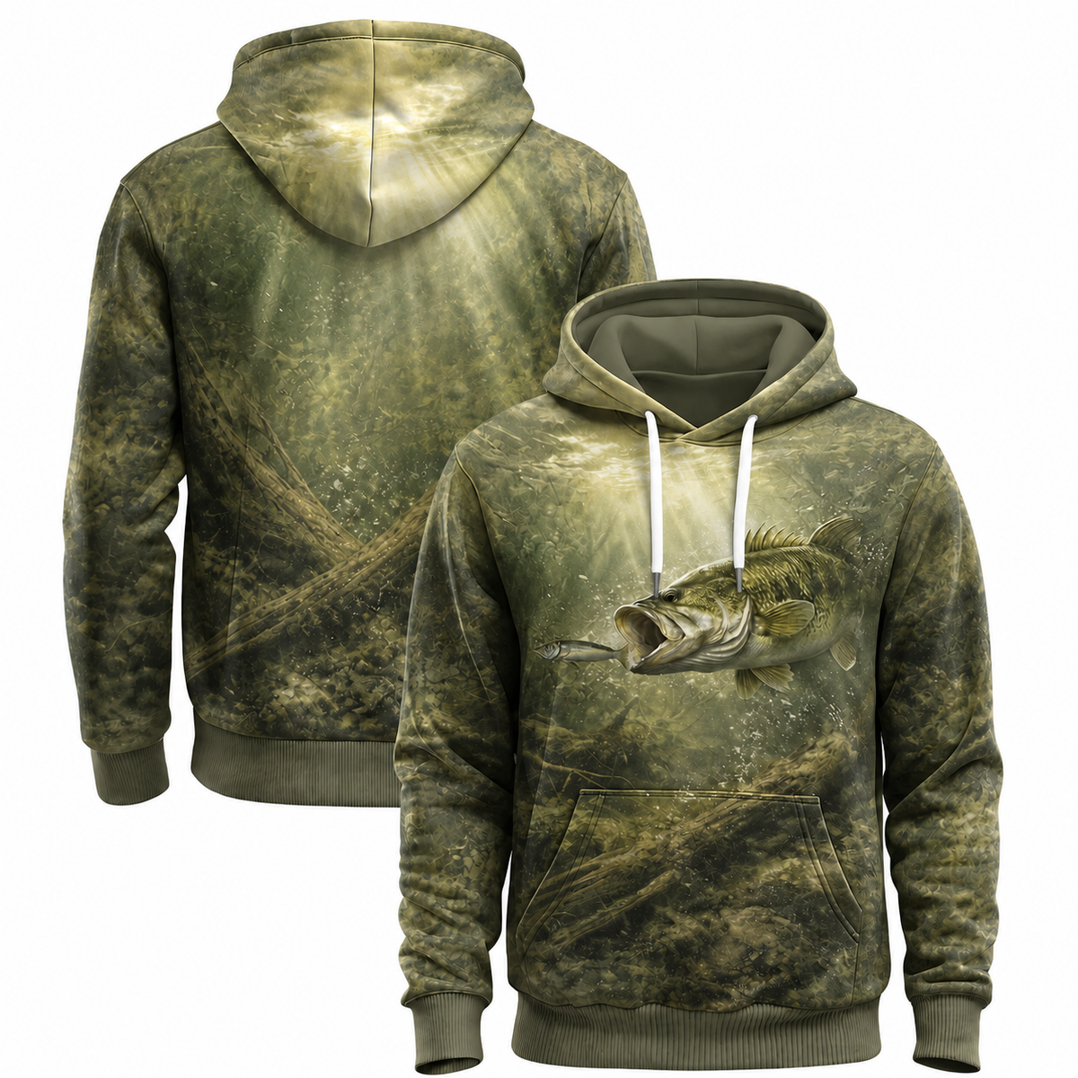 Largemouth Bass 3D Fishing Hoodie – Olive Underwater Gift