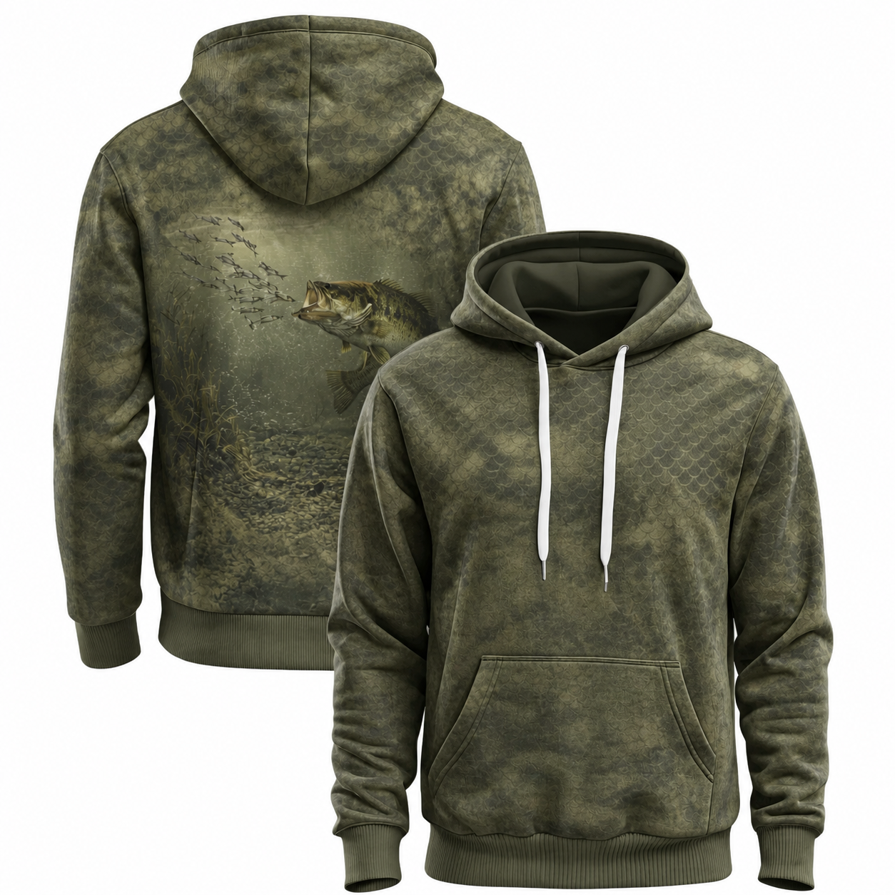 Largemouth Bass 3D Fishing Hoodie – Olive Baitfish Gift