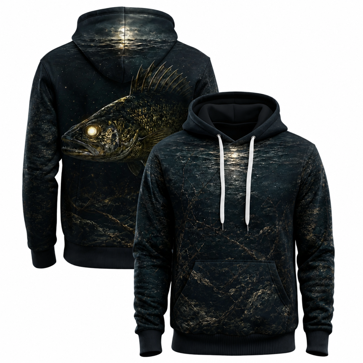 Walleye 3D Fishing Hoodie – Moonlit Night Angler Gift for Men