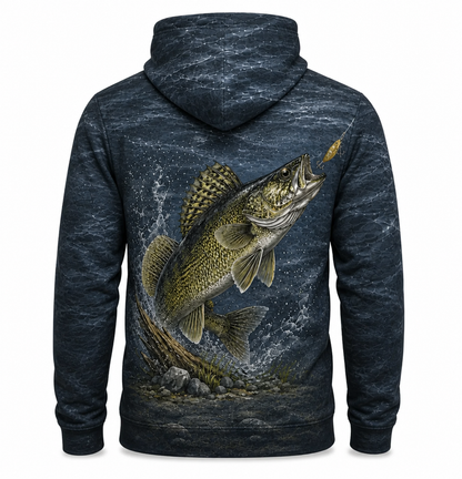 Walleye 3D Fishing Hoodie – Navy Golden Lure Angler Gift