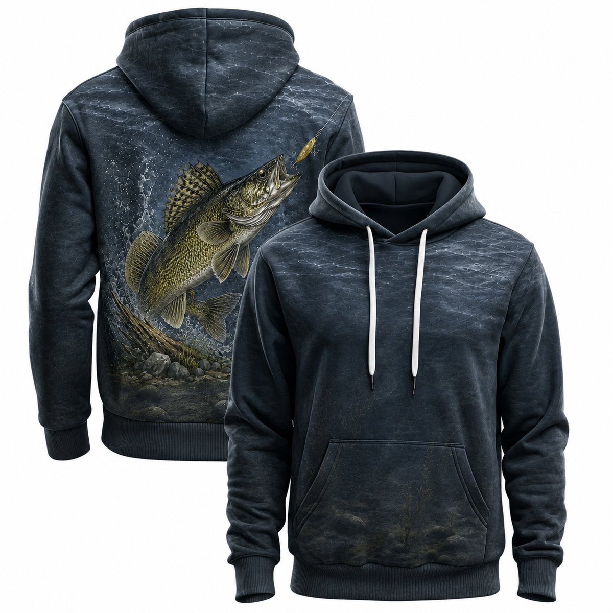 Walleye 3D Fishing Hoodie – Navy Golden Lure Angler Gift