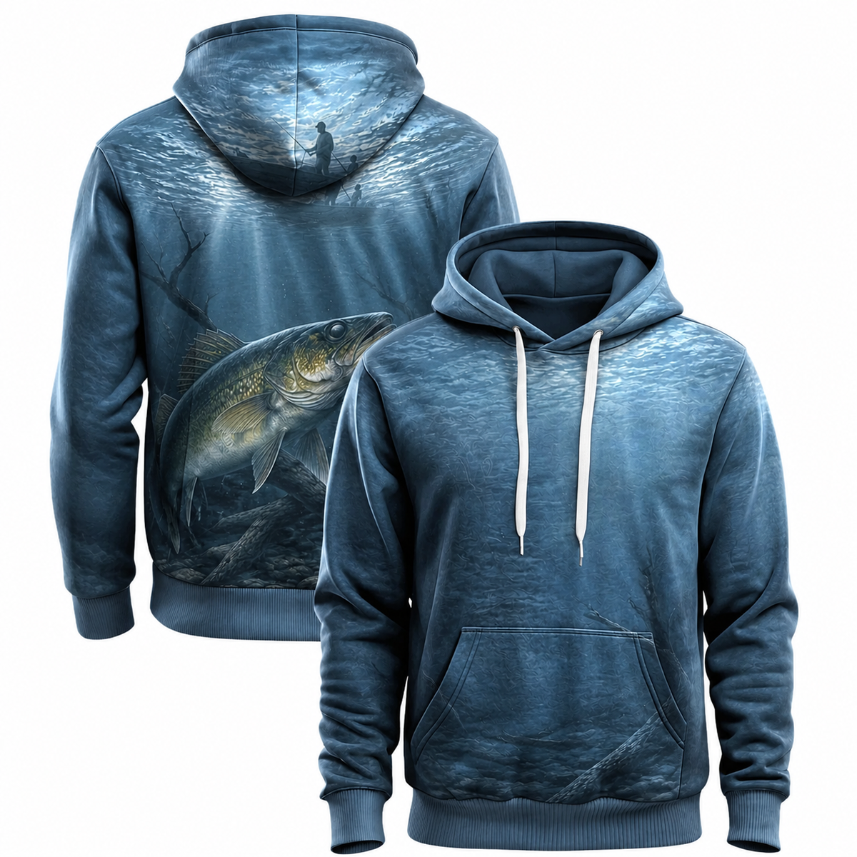 Walleye 3D Fishing Hoodie – Blue Boat Angler Gift for Men