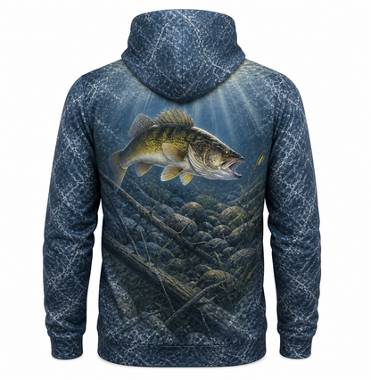 Walleye 3D Fishing Hoodie – Navy Rockbed Angler Gift for Men
