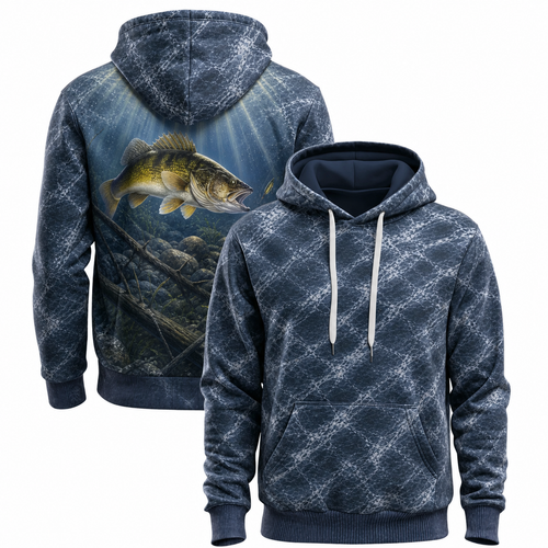 Walleye 3D Fishing Hoodie – Navy Rockbed Angler Gift for Men