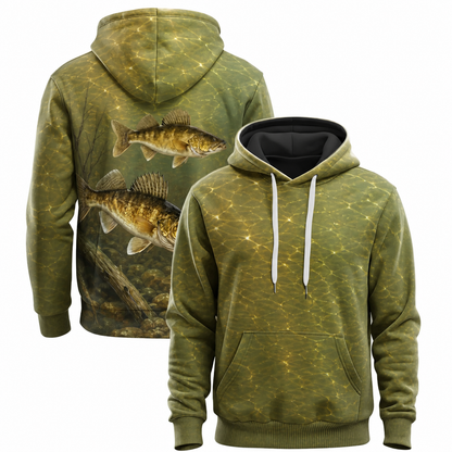 Walleye 3D Fishing Hoodie – Golden Duo Underwater Gift for Men
